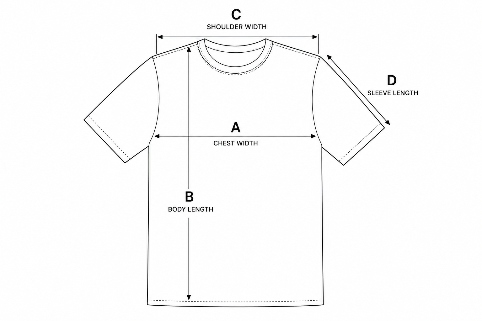 T-shirt measurement diagram: A chest width, B body length, C shoulder width, D sleeve length.